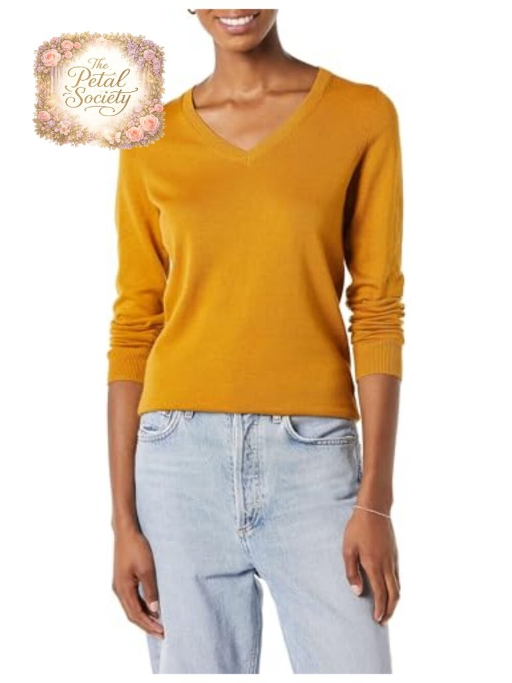 Lightweight V-Neck Long Sleeve Sweater Ribbed Cotton Blend
